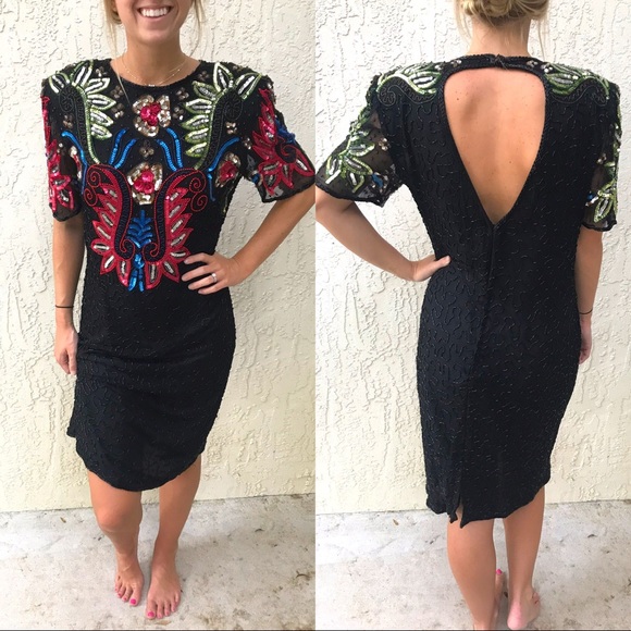Vintage Dresses & Skirts - Vintage SCALA Beaded Open Back Little Black Dress